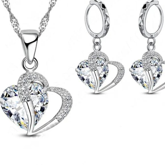 Cute ⭐4pc Bundle Diamond Hearts 💕 Pendant, Earrings &18" Chain Sterling Silver - Picture 3 of 3